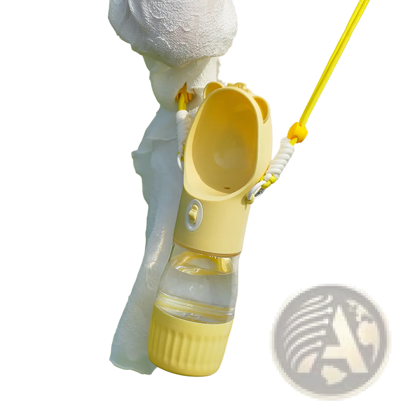 Yellow bear-shaped portable dog water bottle with clear glass body and yellow silicone accents for feeding and hydration