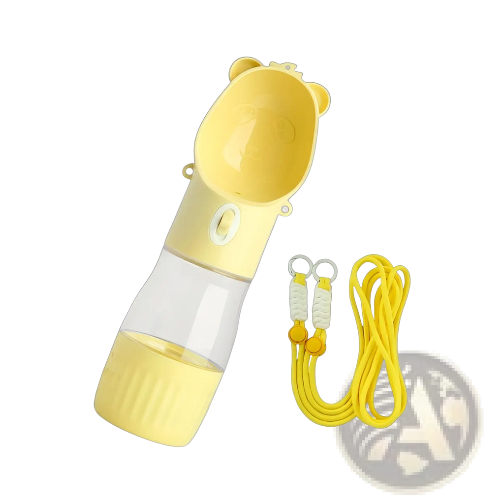 Portable dog water bottle food feeder in yellow bear shape with clear plastic body and matching yellow strap