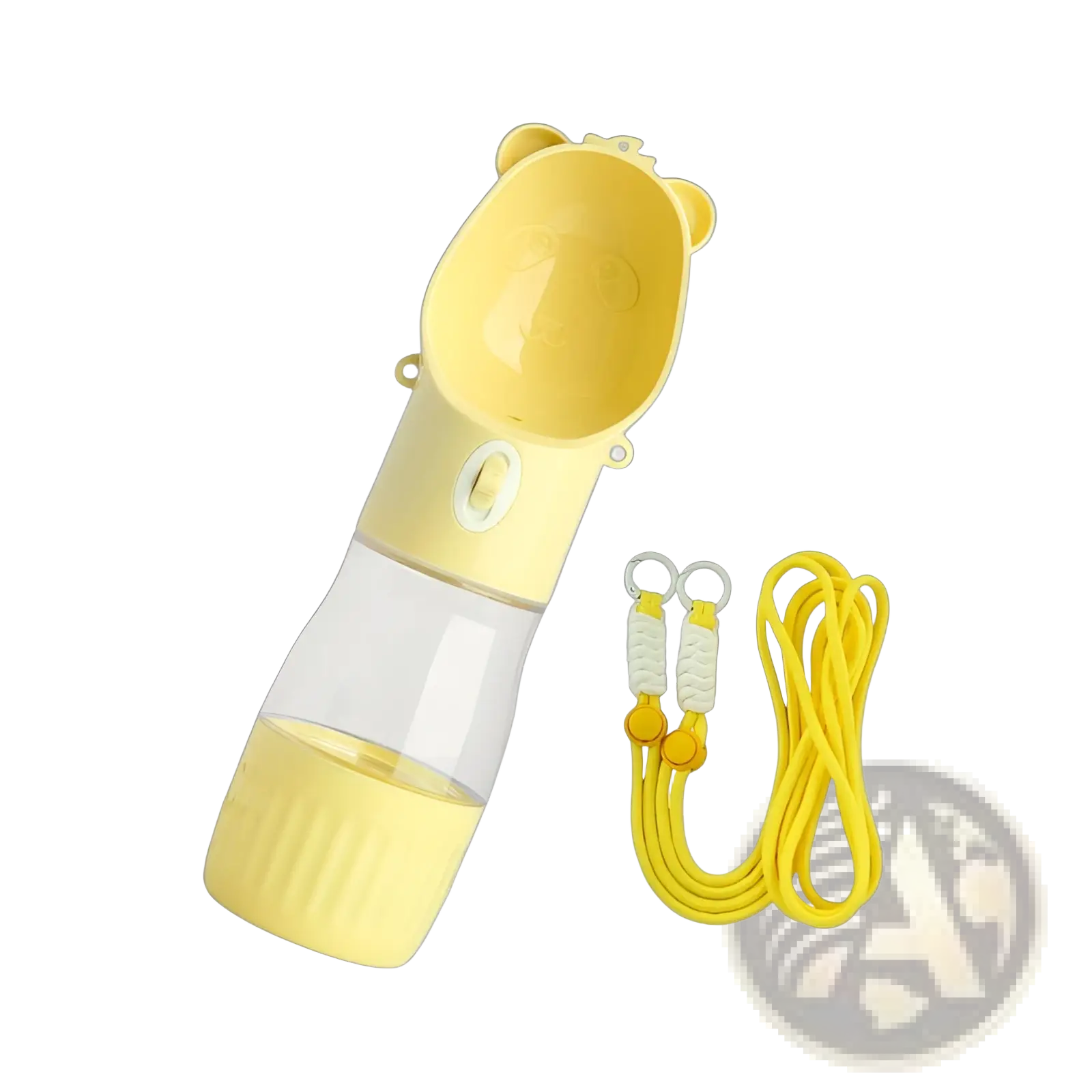 Portable dog water bottle food feeder in yellow bear shape with clear plastic body and matching yellow strap