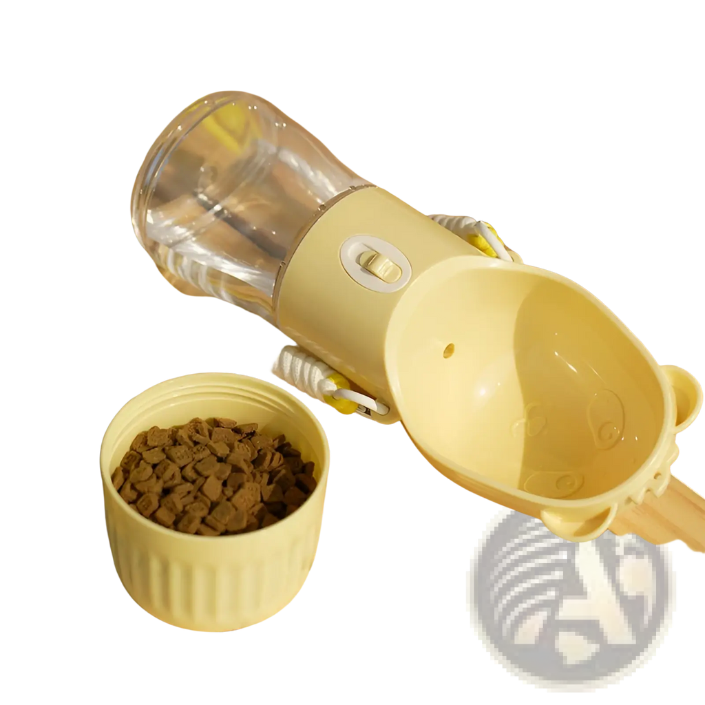 Portable dog water bottle food feeder with a yellow plastic base, clear glass reservoir, and bear-shaped spout