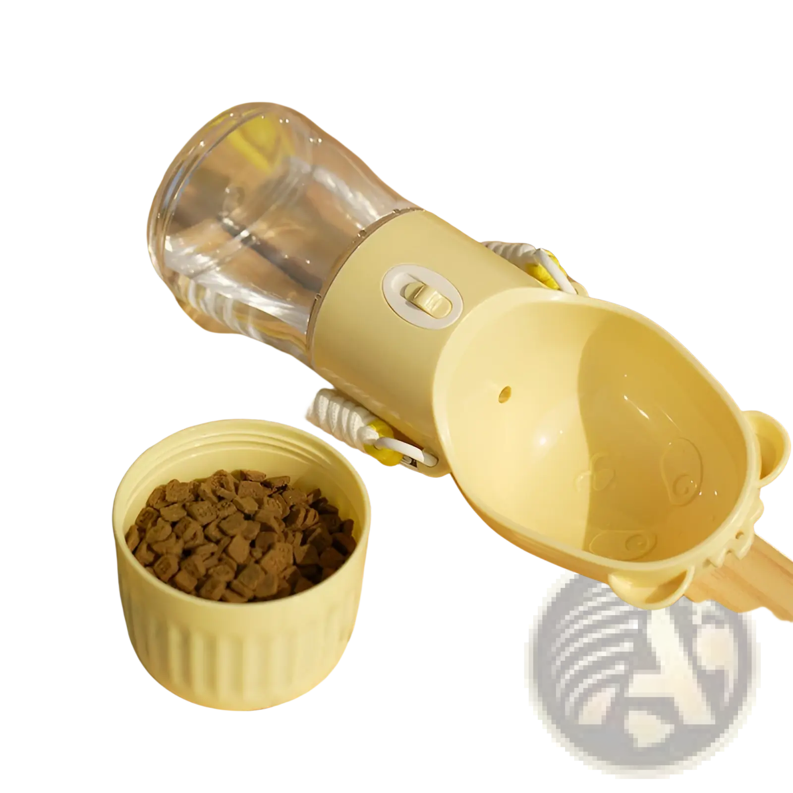 Portable dog water bottle food feeder with a yellow plastic base, clear glass reservoir, and bear-shaped spout