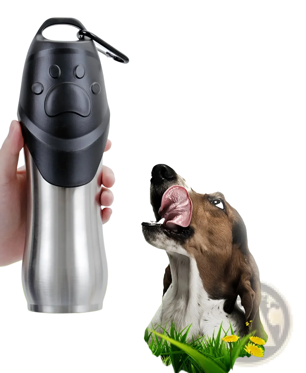 Portable dog water bottle in black and stainless steel with a paw-print design for outdoor pet hydration
