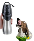 Portable dog water bottle in black and stainless steel with a paw-print design for outdoor pet hydration