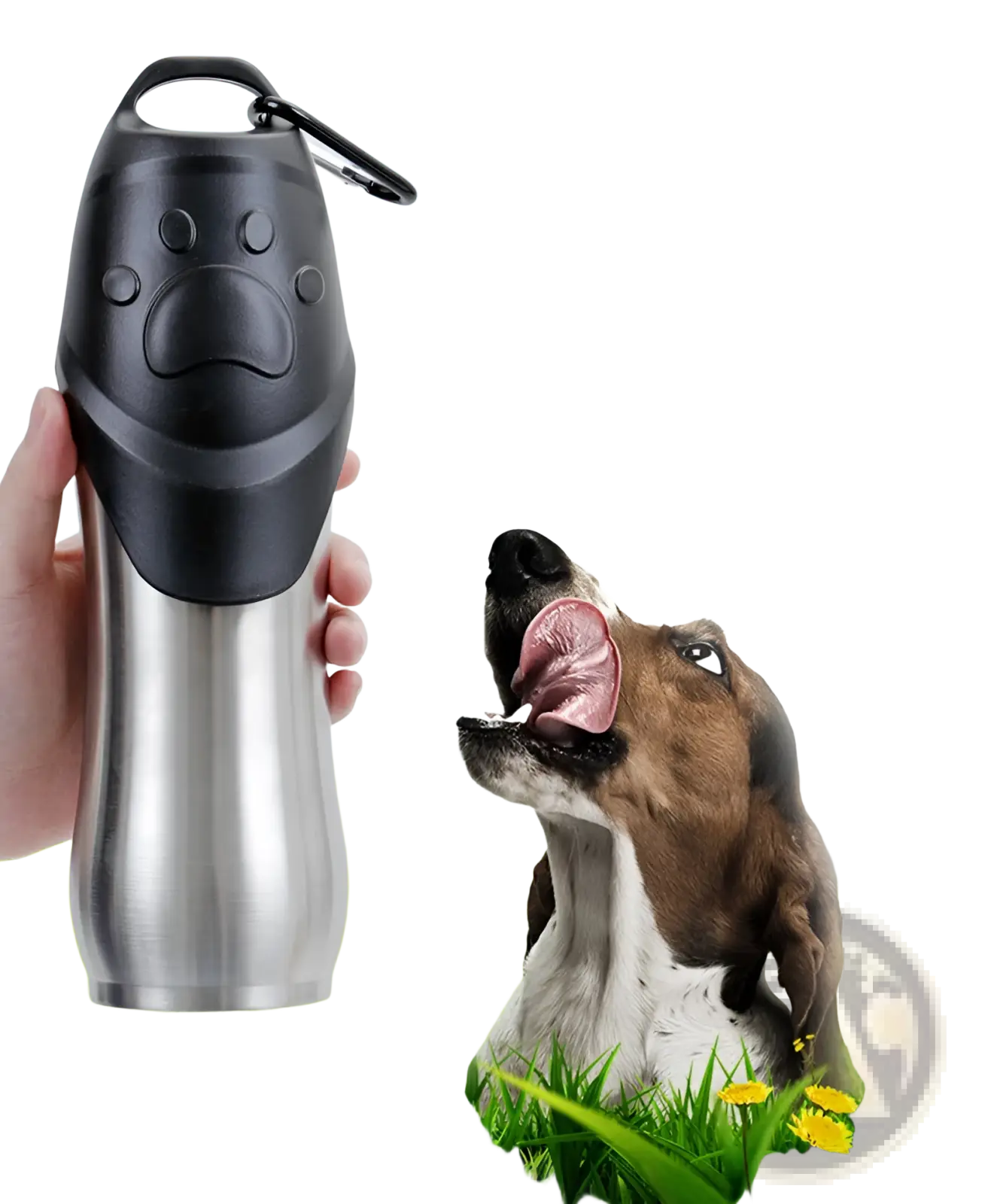 Portable dog water bottle in black and stainless steel with a paw-print design for outdoor pet hydration
