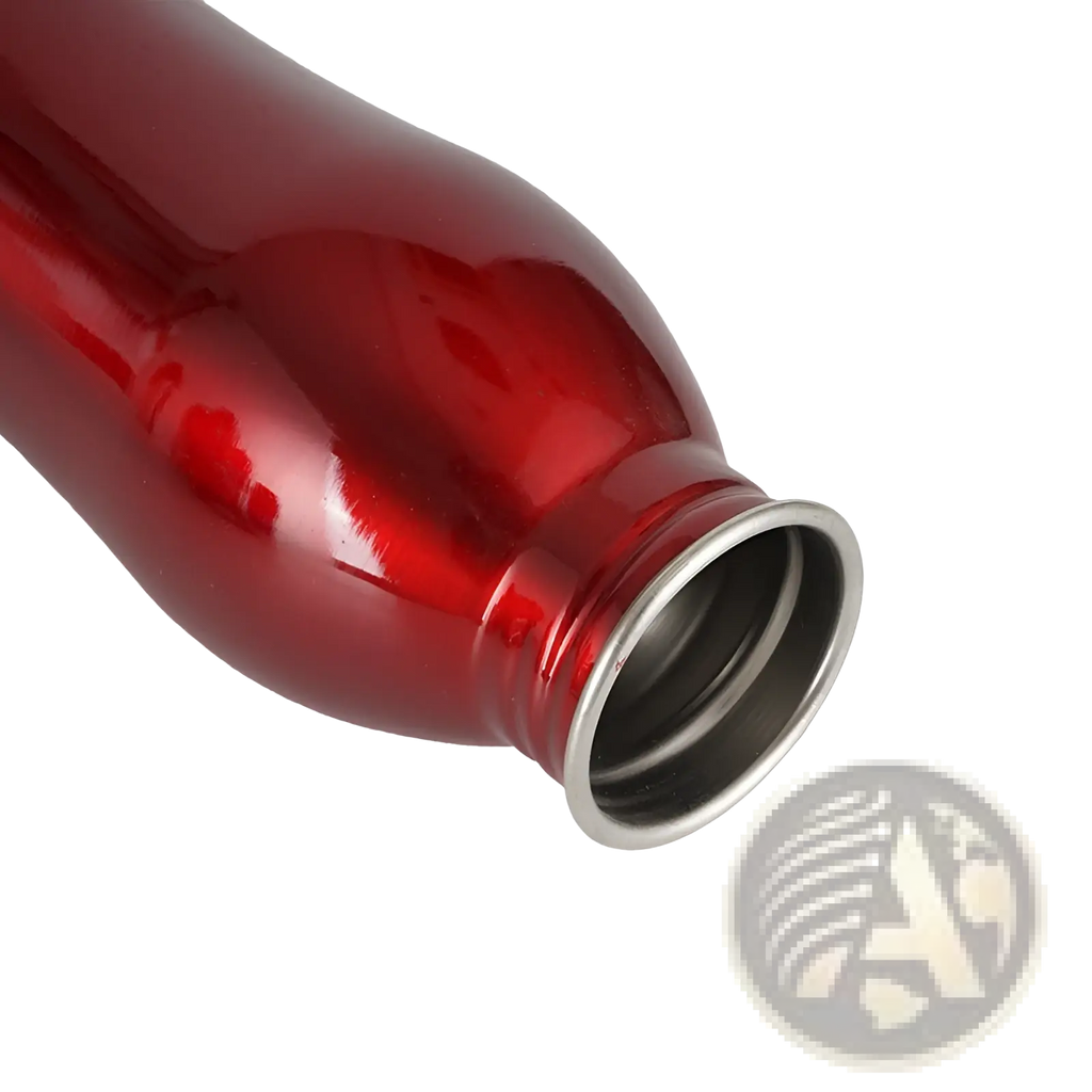 A sleek glossy red stainless steel portable dog water bottle with a metallic silver rim and interior pet dispenser