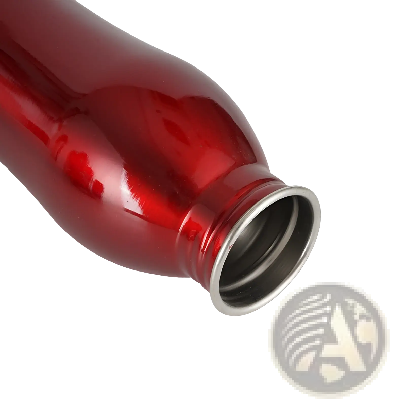 A sleek glossy red stainless steel portable dog water bottle with a metallic silver rim and interior pet dispenser