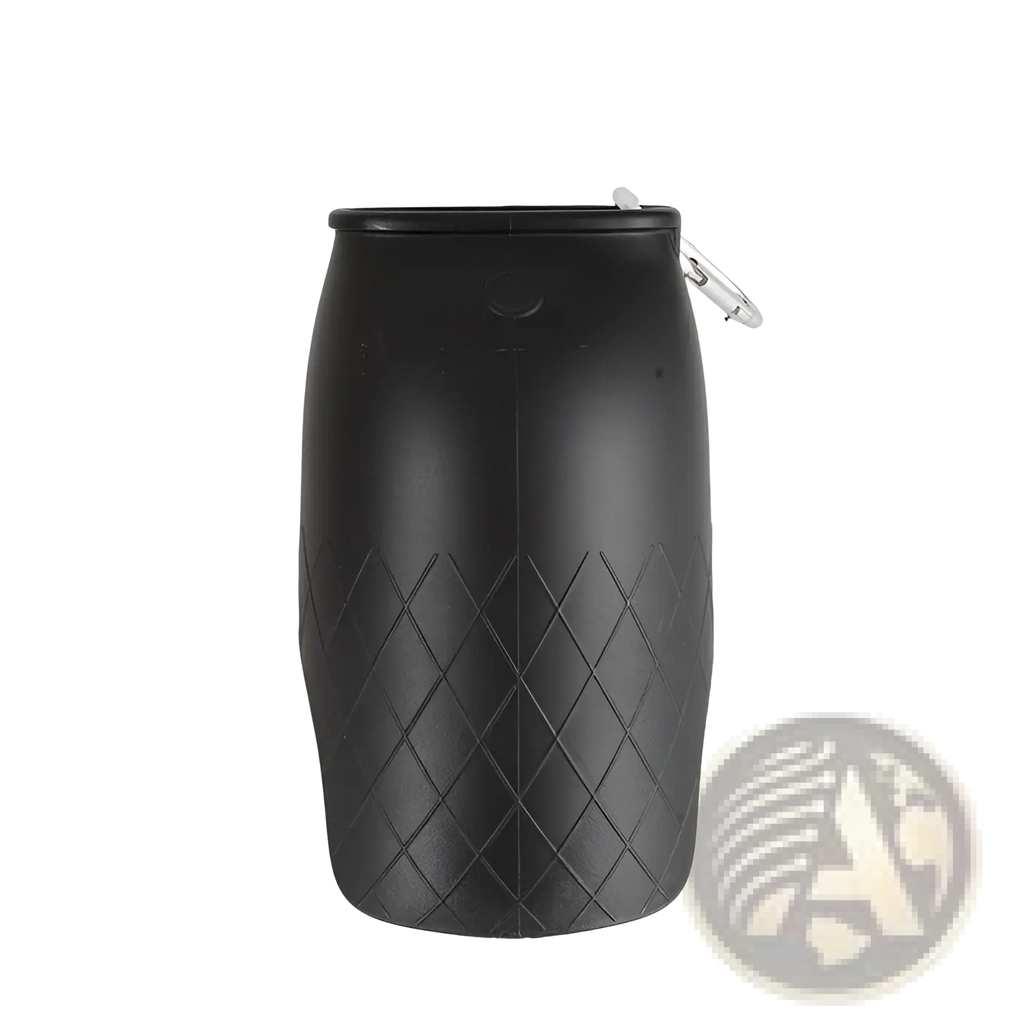 Portable black rubberized dog water bottle with diamond texture and silver carabiner clip stainless steel dispenser