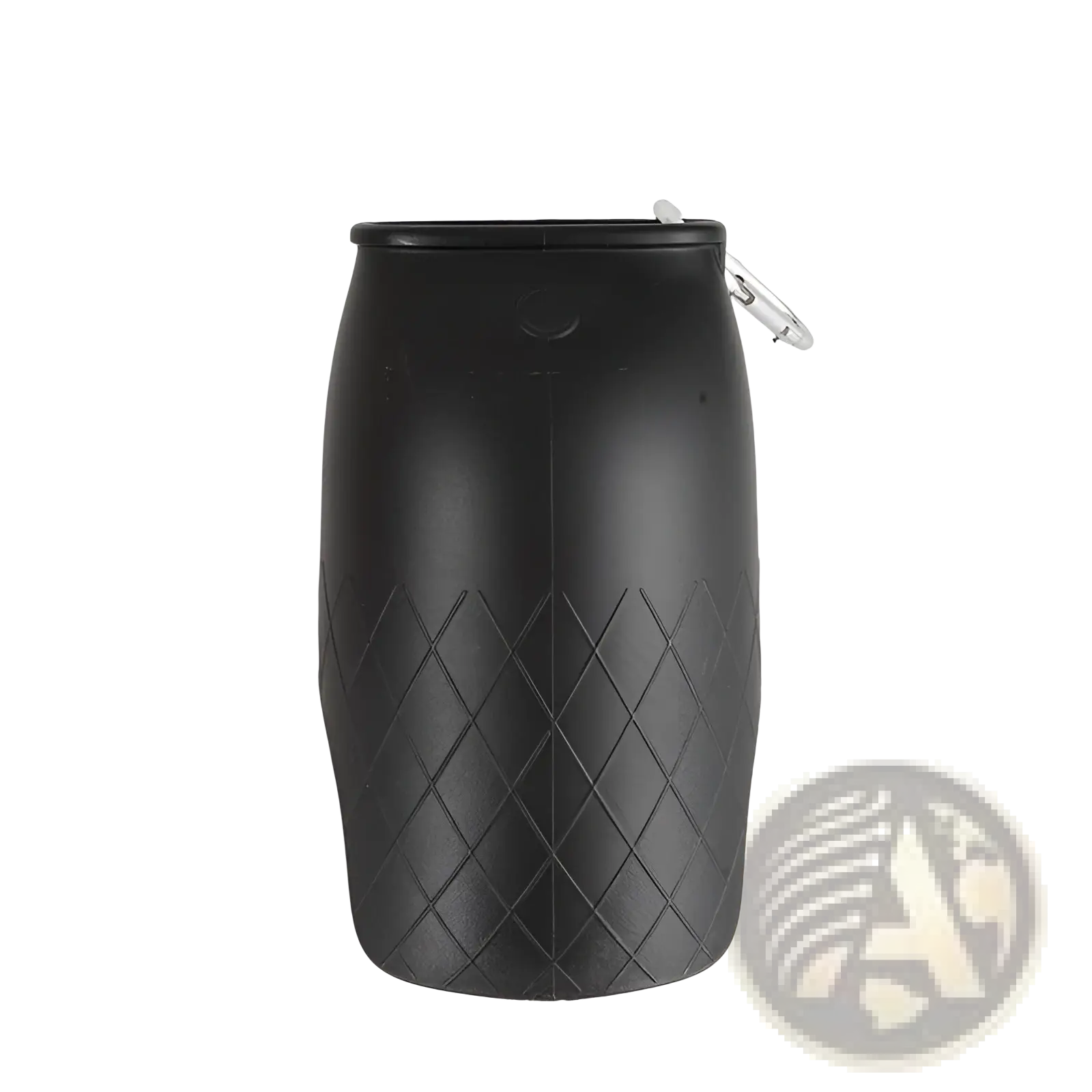 Portable black rubberized dog water bottle with diamond texture and silver carabiner clip stainless steel dispenser