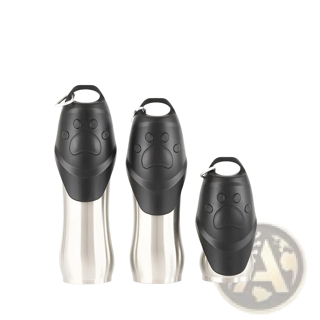 Portable dog water bottle with three black paw-print silicone tops and silver stainless steel bodies with keychain loops