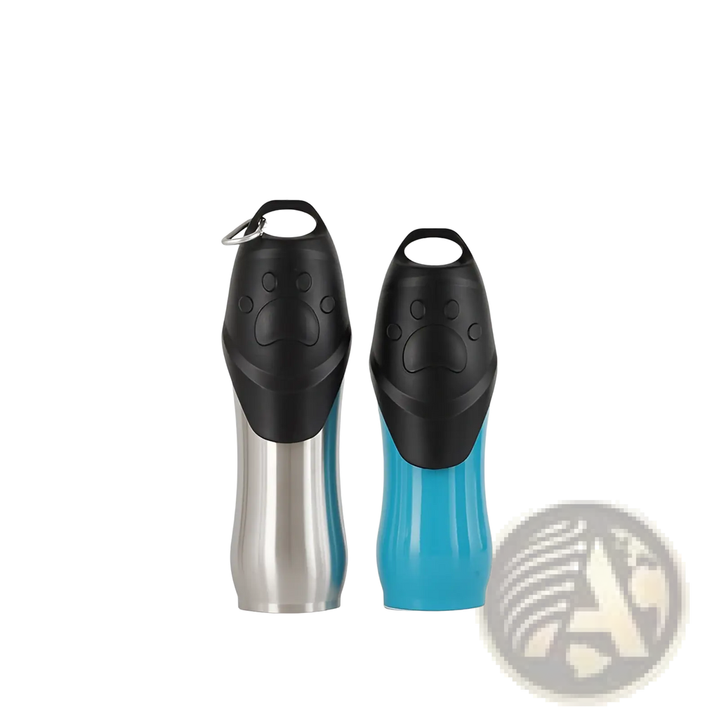 Portable dog water bottle stainless steel pet dispenser with silver metallic and blue plastic bodies and paw-print caps