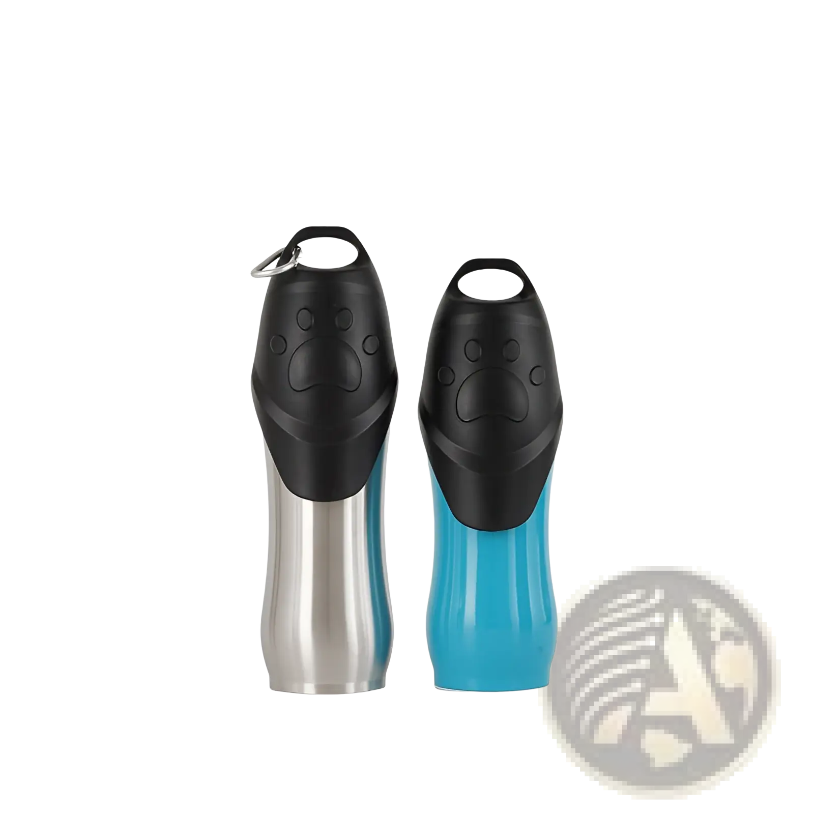 Portable dog water bottle stainless steel pet dispenser with silver metallic and blue plastic bodies and paw-print caps