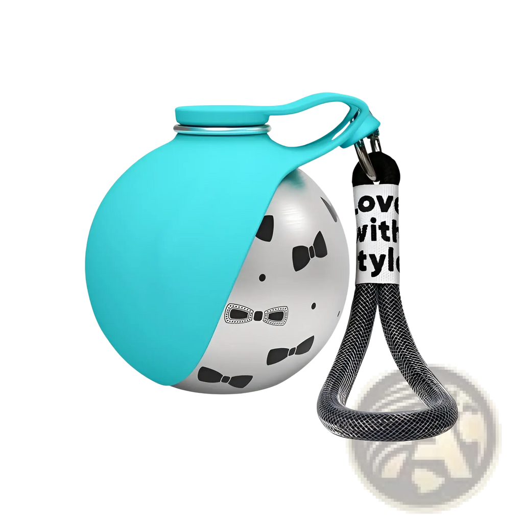 Portable dog water bottle stainless steel travel dispenser in turquoise silicone with black bowtie patterns and gray strap