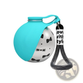 Portable dog water bottle stainless steel travel dispenser in turquoise silicone with black bowtie patterns and gray strap