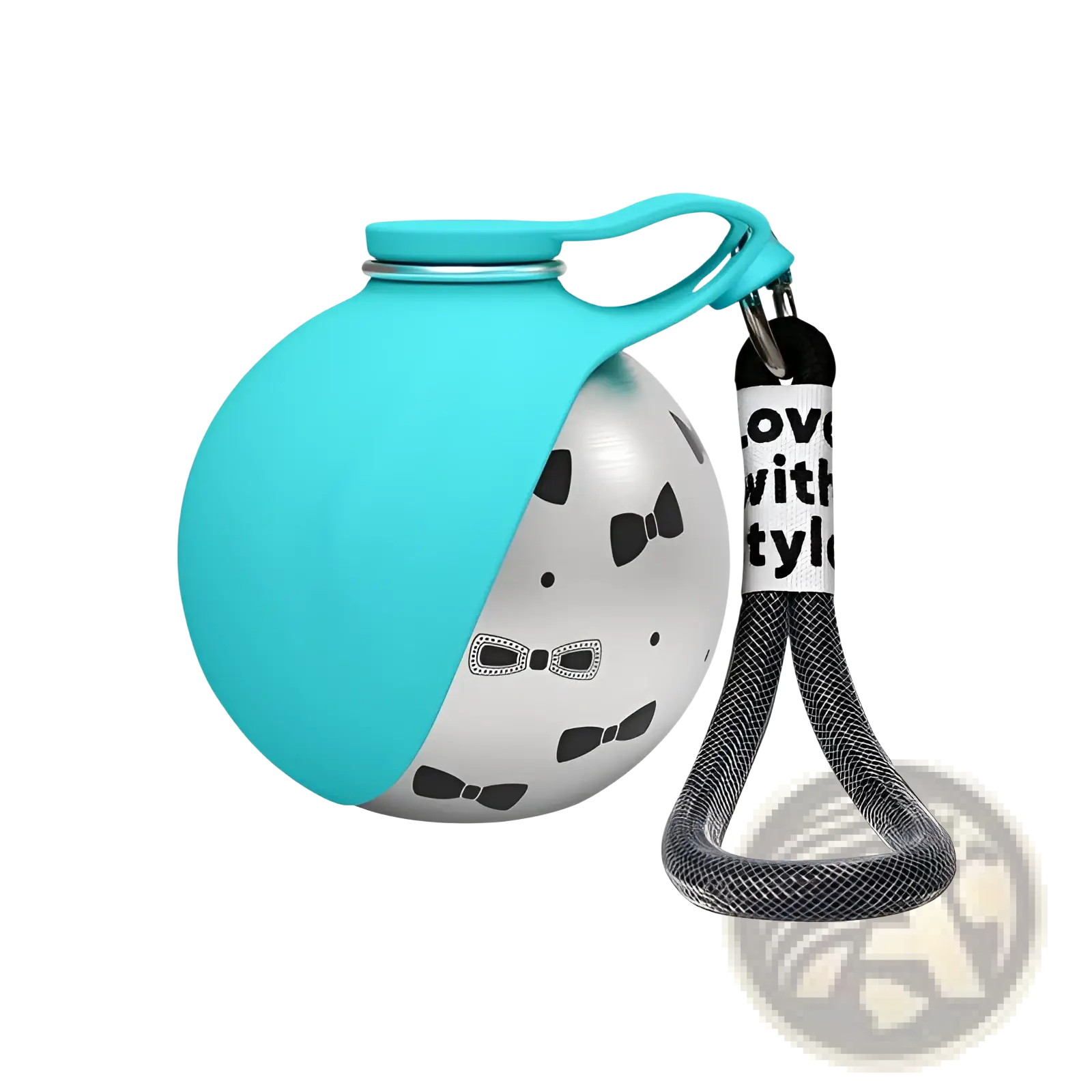 Portable dog water bottle stainless steel travel dispenser in turquoise silicone with black bowtie patterns and gray strap