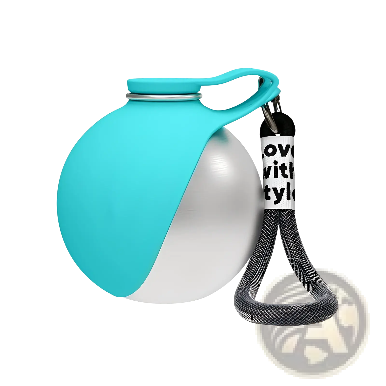 Turquoise and silver stainless steel portable dog water bottle with silicone handle and black braided strap for travel