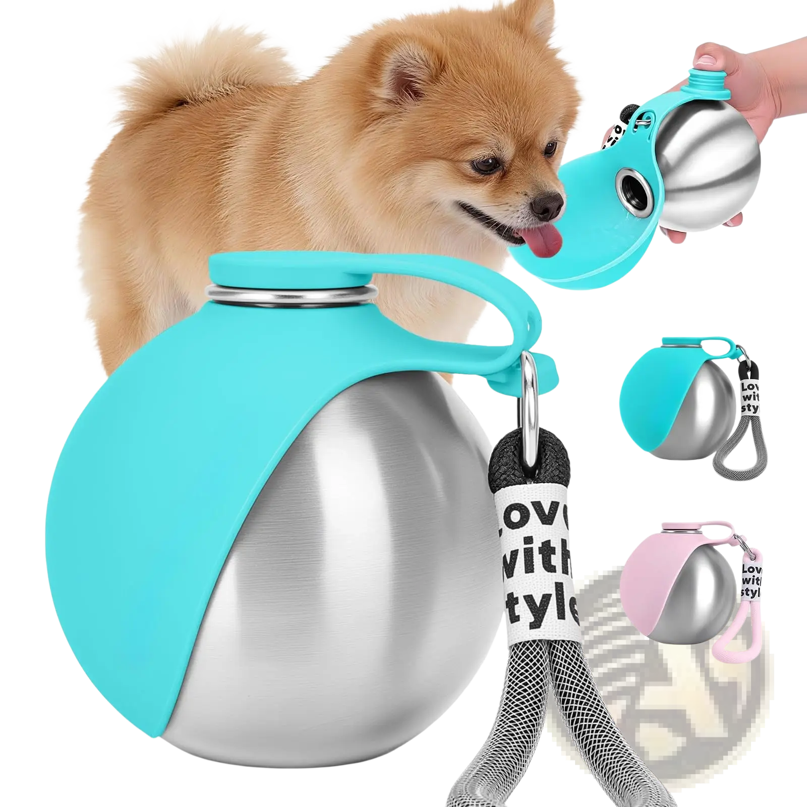 Turquoise and silver stainless steel portable dog water bottle with silicone grip and keychain strap for travel use