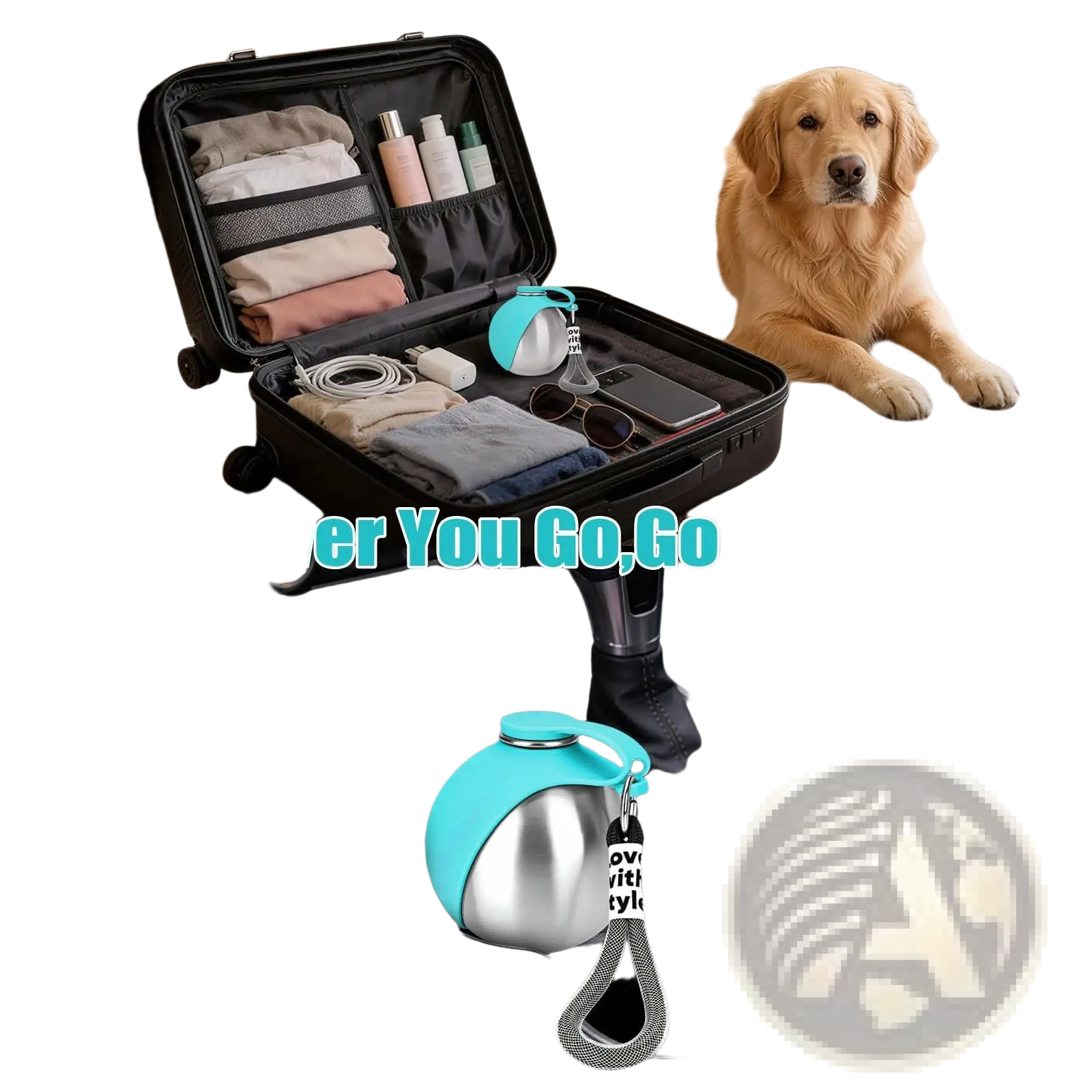 Teal and silver stainless steel portable dog water bottle with mesh strap for travel use