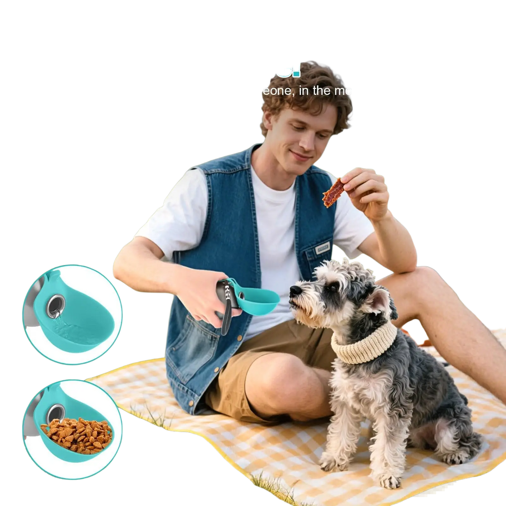 Teal silicone pet feeder with retractable leash and food compartment in a portable stainless steel dog water bottle dispenser