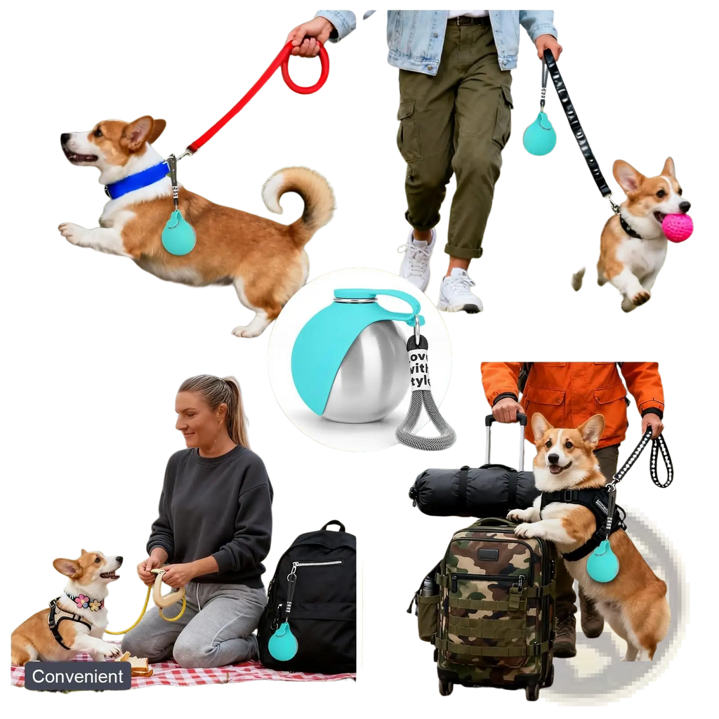 A sleek two-toned portable dog water bottle with a turquoise silicone top and silver stainless steel body