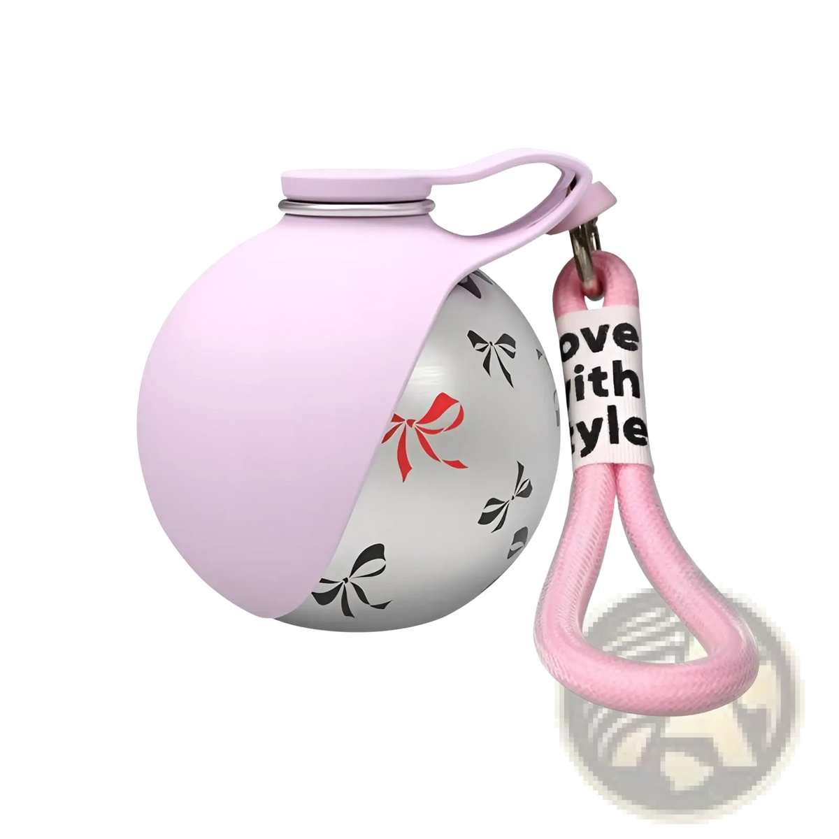 Portable dog water bottle stainless steel travel dispenser with pink and silver spheres soft silicone grip and decorative bow pattern