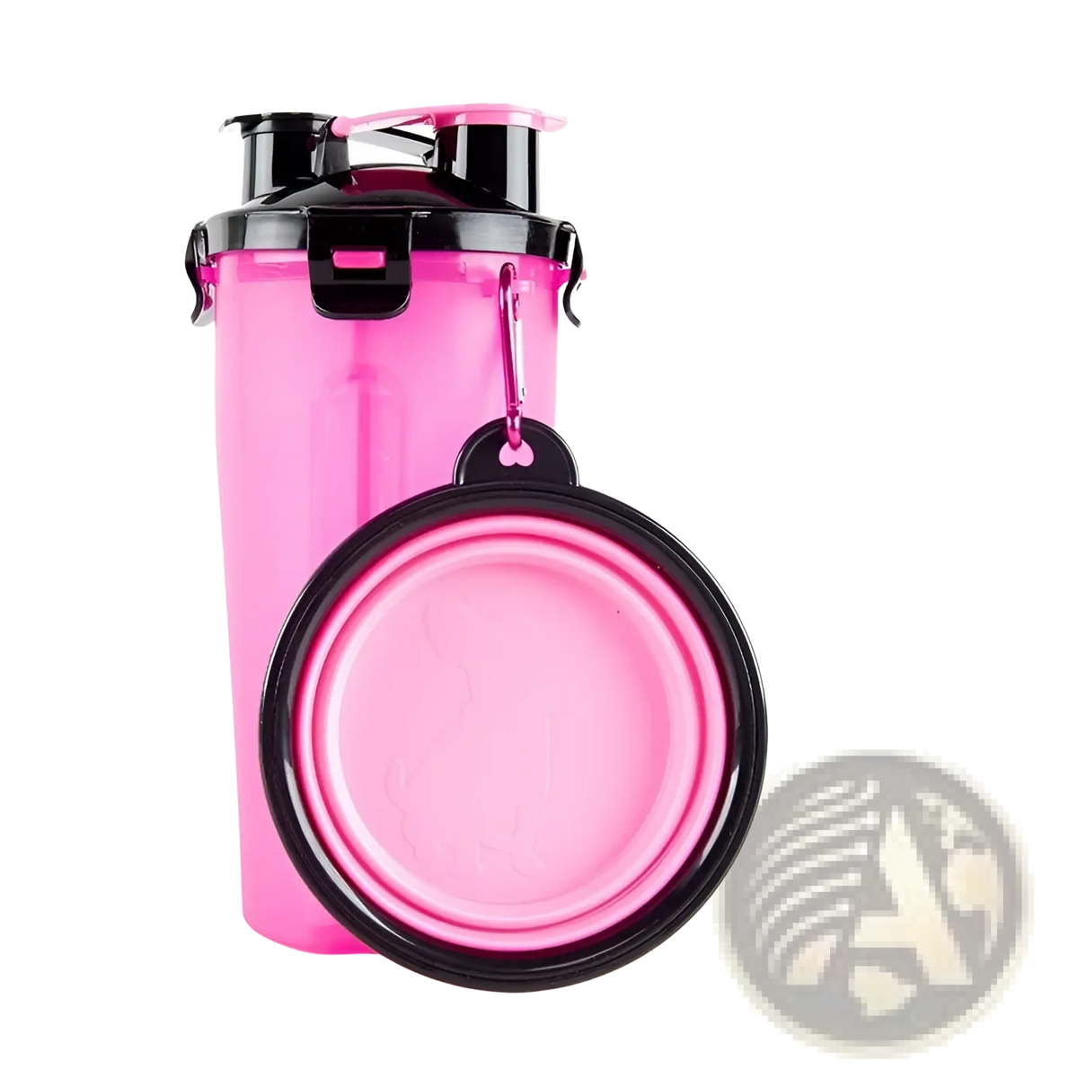 Portable dog water cup in light pink with black accents and detachable folding food bowl for travel and outdoor use