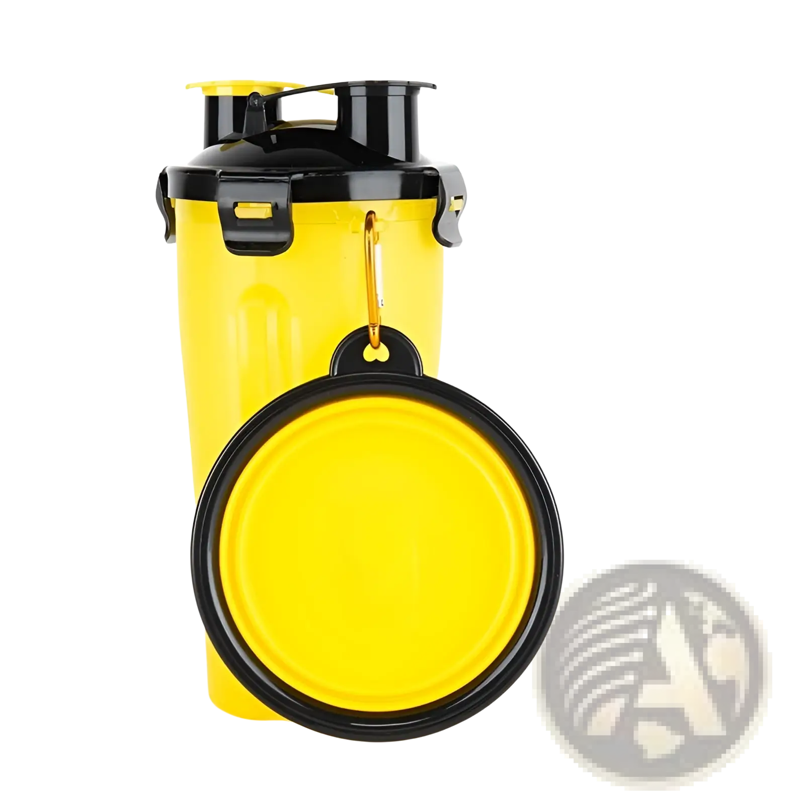 Portable dog water cup in bright yellow with black lid and handle featuring a detachable folding food bowl