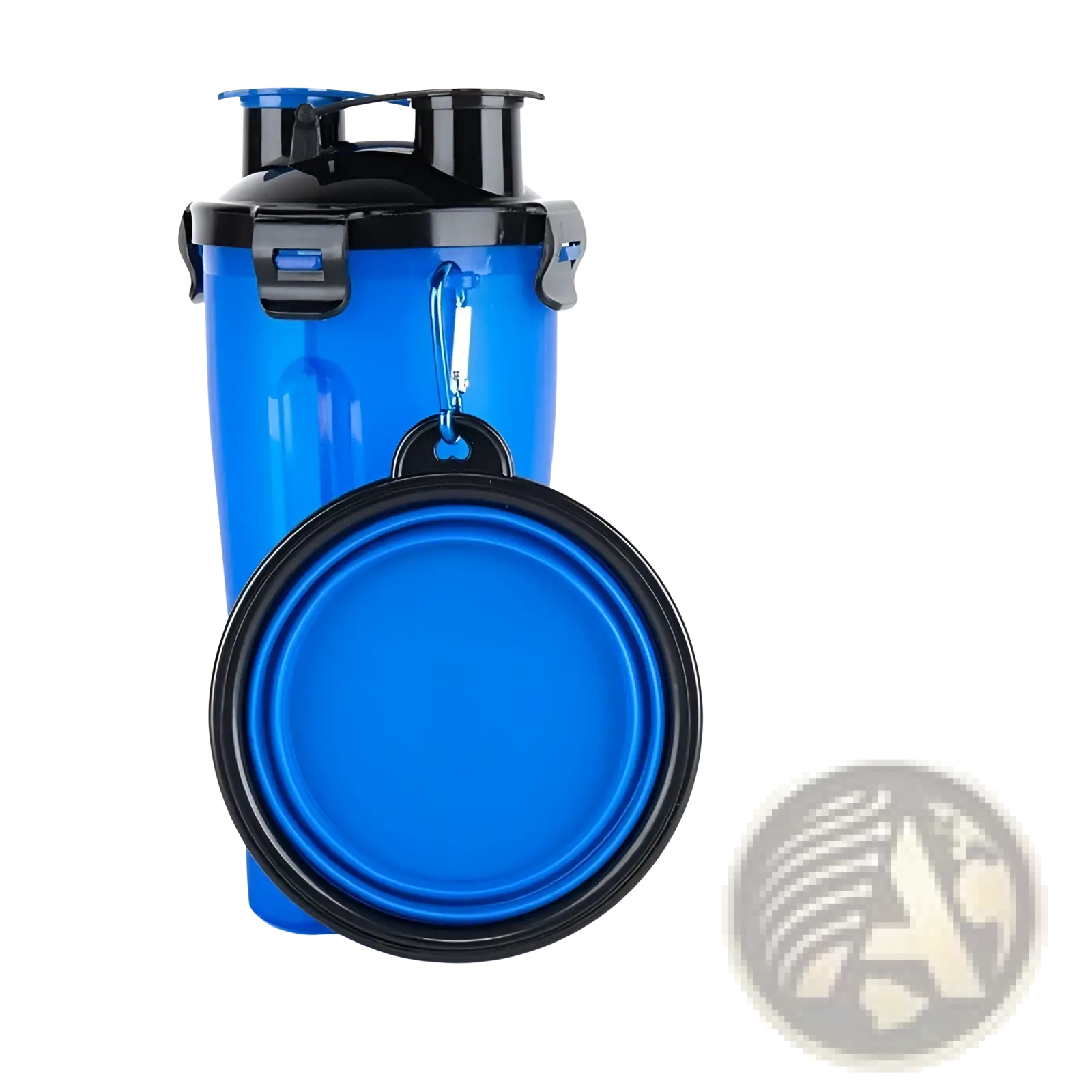 Portable dog water cup and foldable food bowl in blue with a black lid and carabiner clip for easy carrying