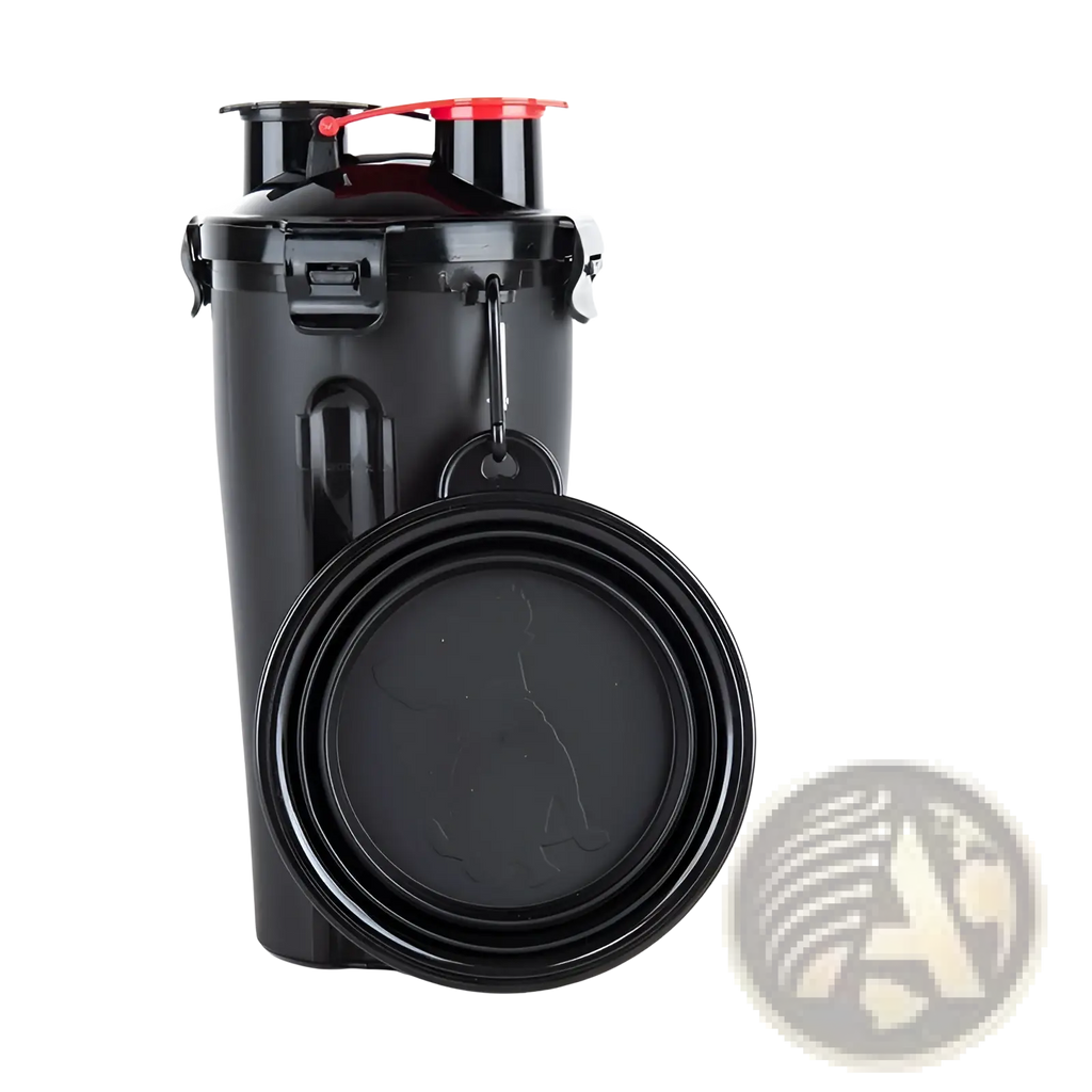 Black portable dog water cup and foldable food bowl with sleek plastic body and red lid accents for outdoor use