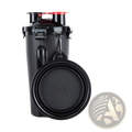 Black portable dog water cup and foldable food bowl with sleek plastic body and red lid accents for outdoor use