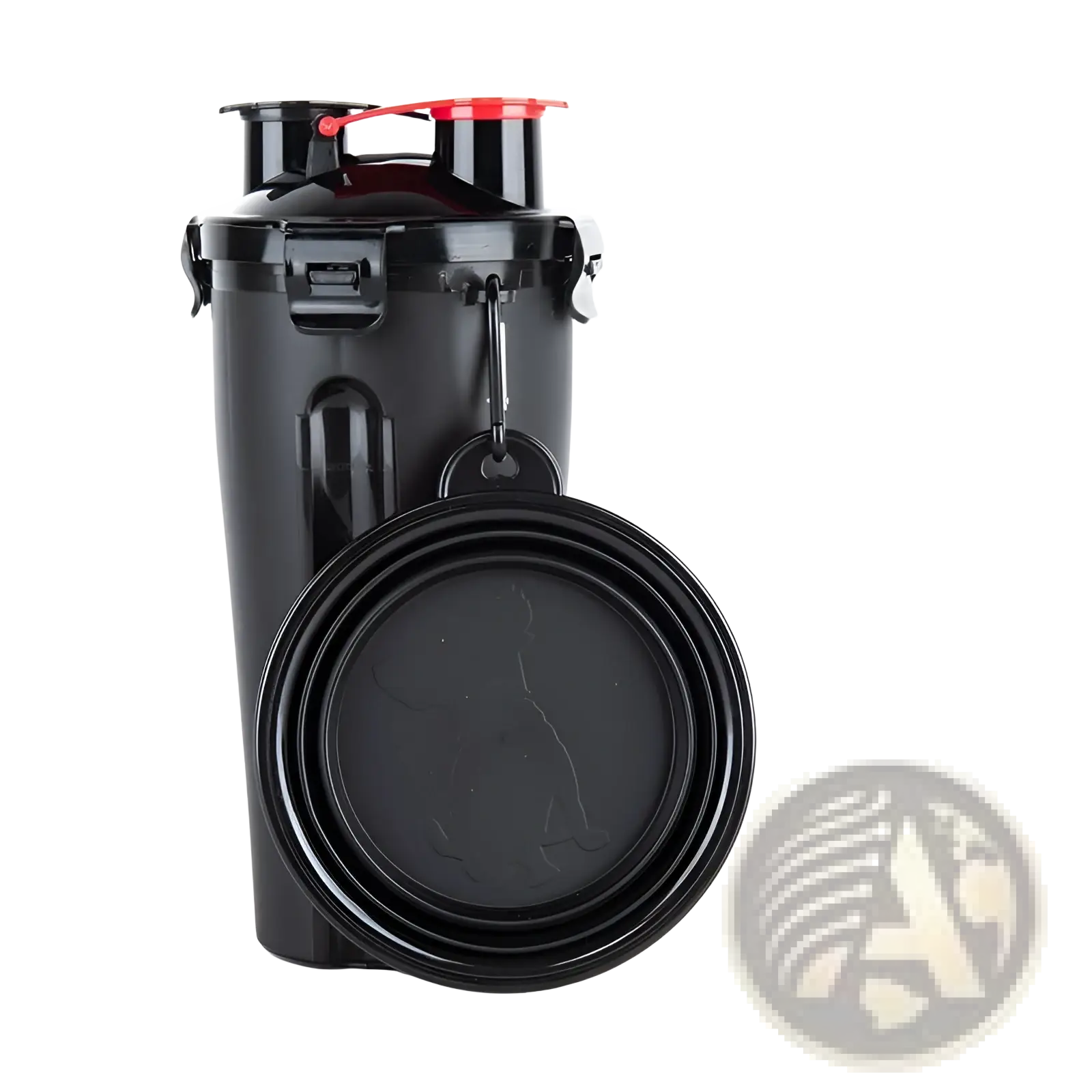 Black portable dog water cup and foldable food bowl with sleek plastic body and red lid accents for outdoor use