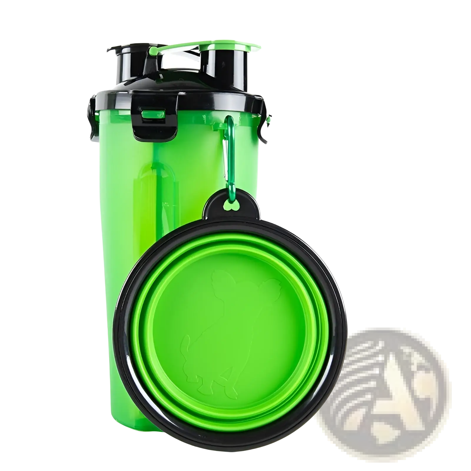 Bright green and black collapsible dog water bottle with matching foldable food bowl attached by a carabiner