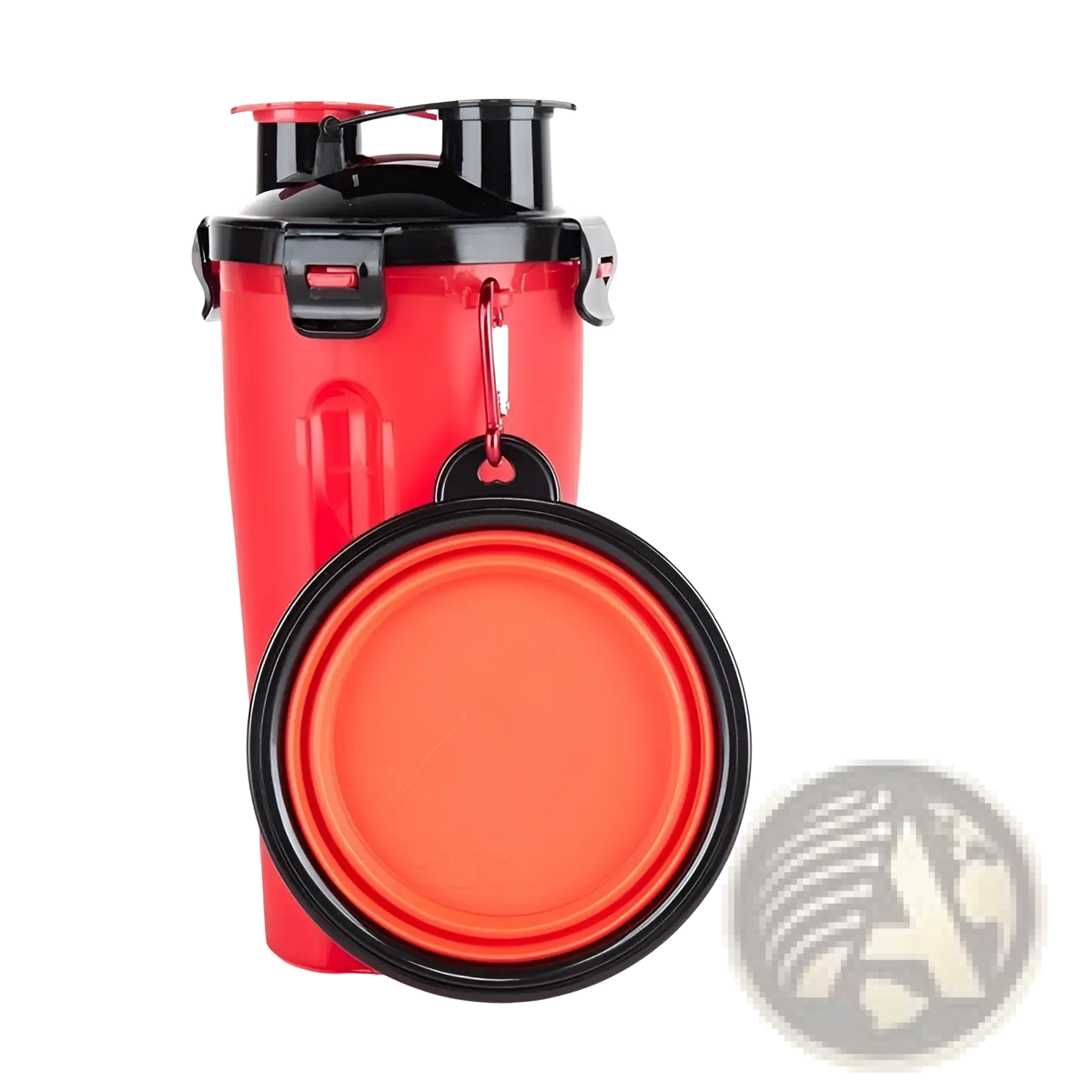 Portable dog water cup in red with black lid and handle featuring a detachable foldable food bowl attached to the side