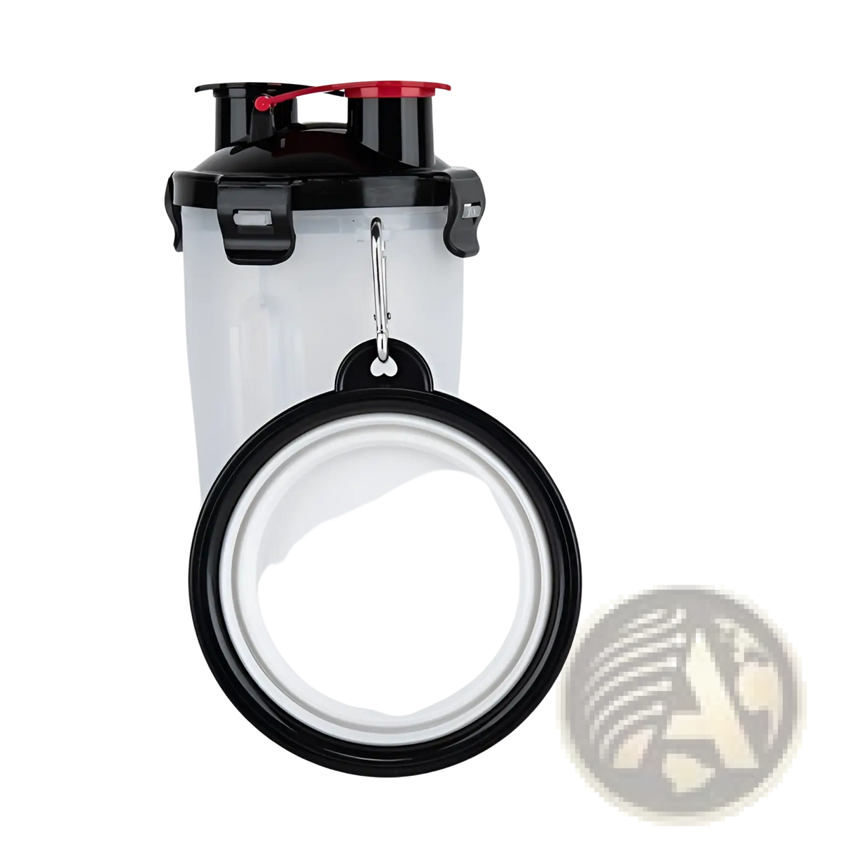 Portable dog water cup in white with black lid and red flip-top cap featuring a detachable folding bowl with carabiner