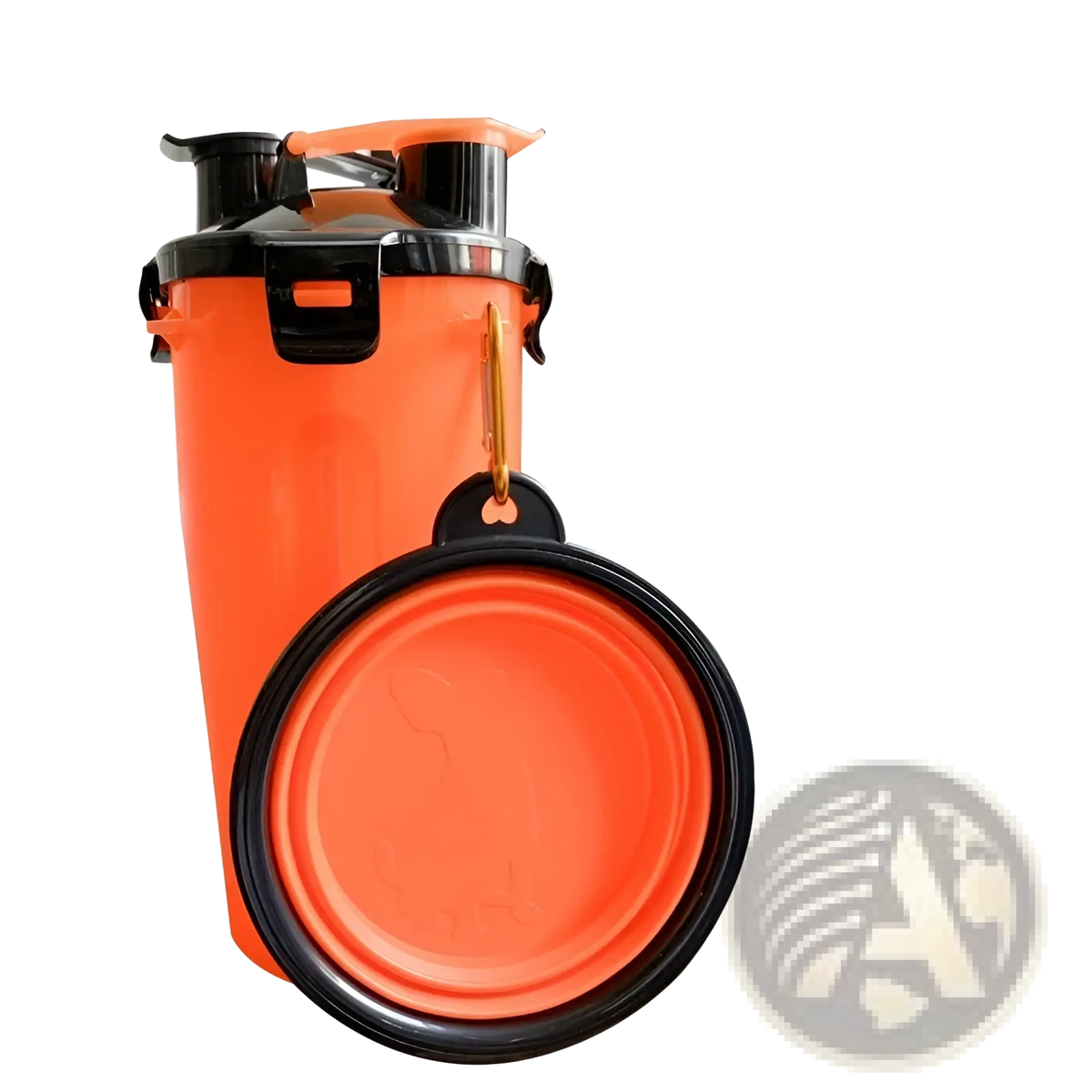 Portable dog water cup and foldable food bowl bright orange with black accents featuring a detachable bowl