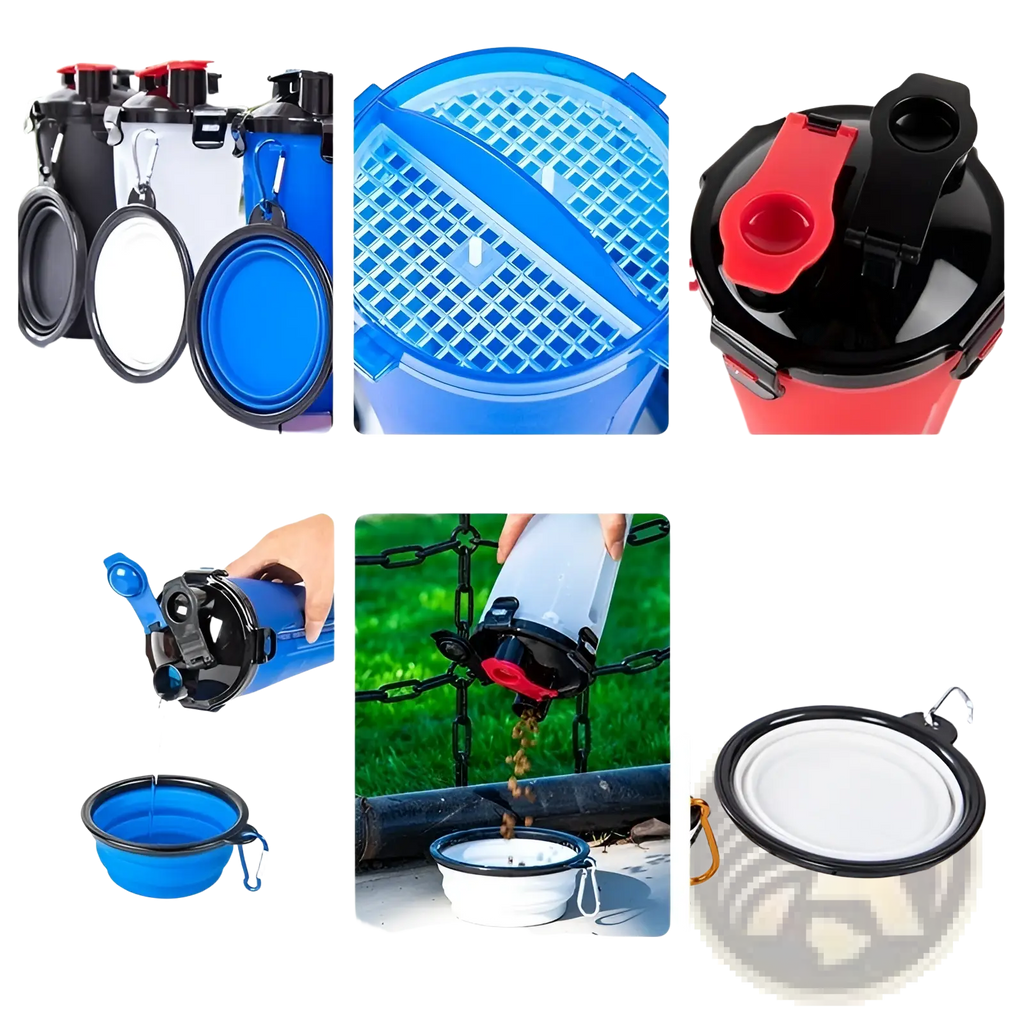 Portable dog water cup in blue and black with collapsible funnel mouth, side hook, and hidden buckle seal