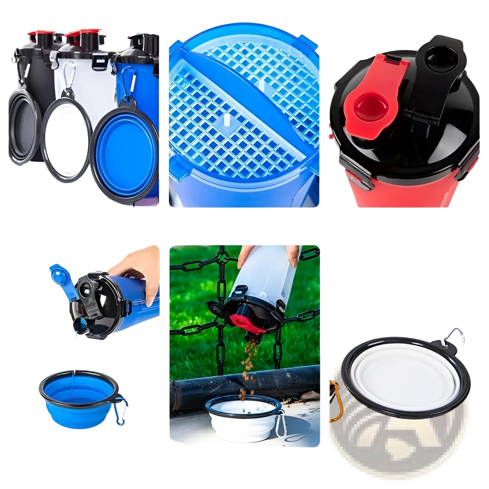 Portable dog water cup in blue and black with collapsible funnel mouth, side hook, and hidden buckle seal
