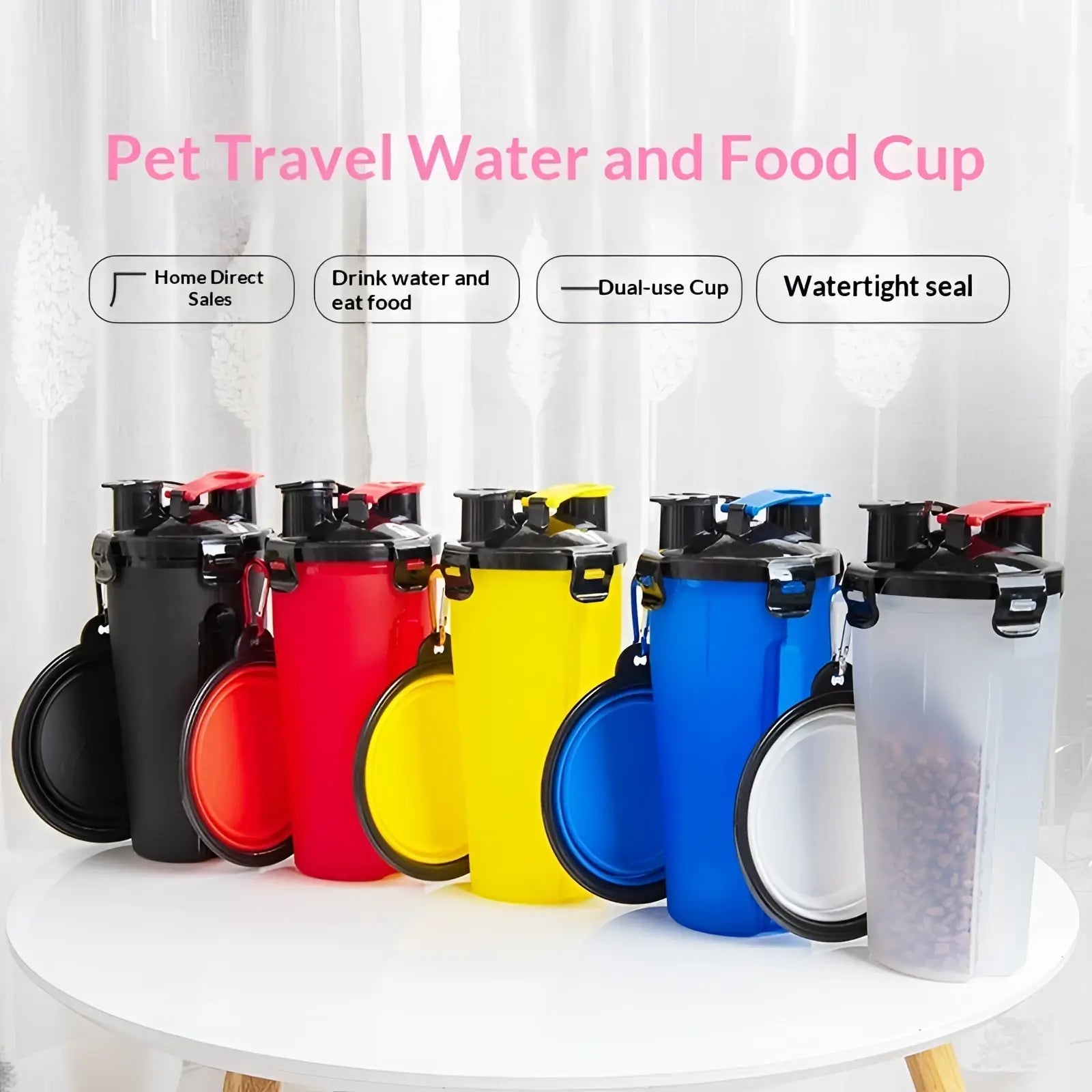 Colorful plastic portable dog water cups with black lids and detachable foldable food bowls for travel use