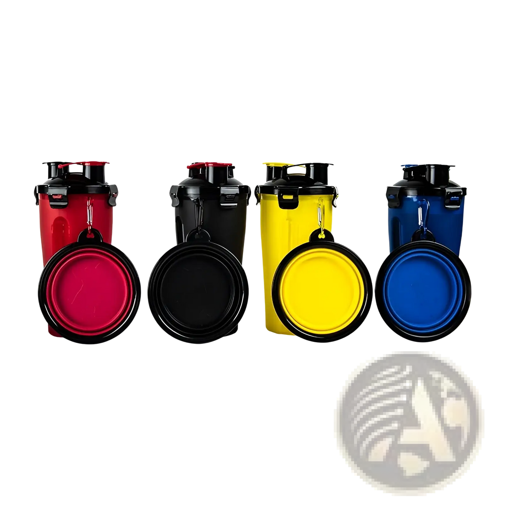 Four colorful portable dog water bottles with matching foldable silicone bowls black lids and handles for travel use