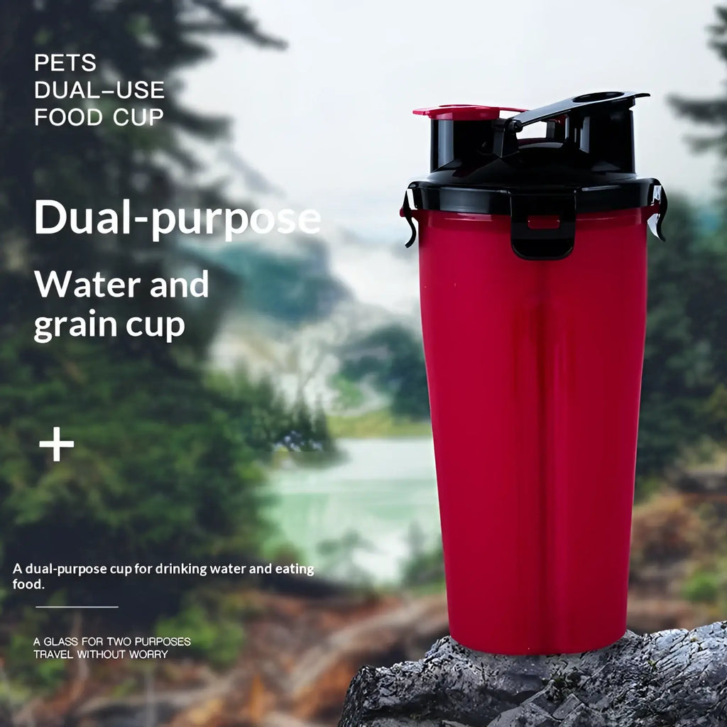 Red plastic portable dog water cup with black lid and handle for dual-purpose use as water and food container