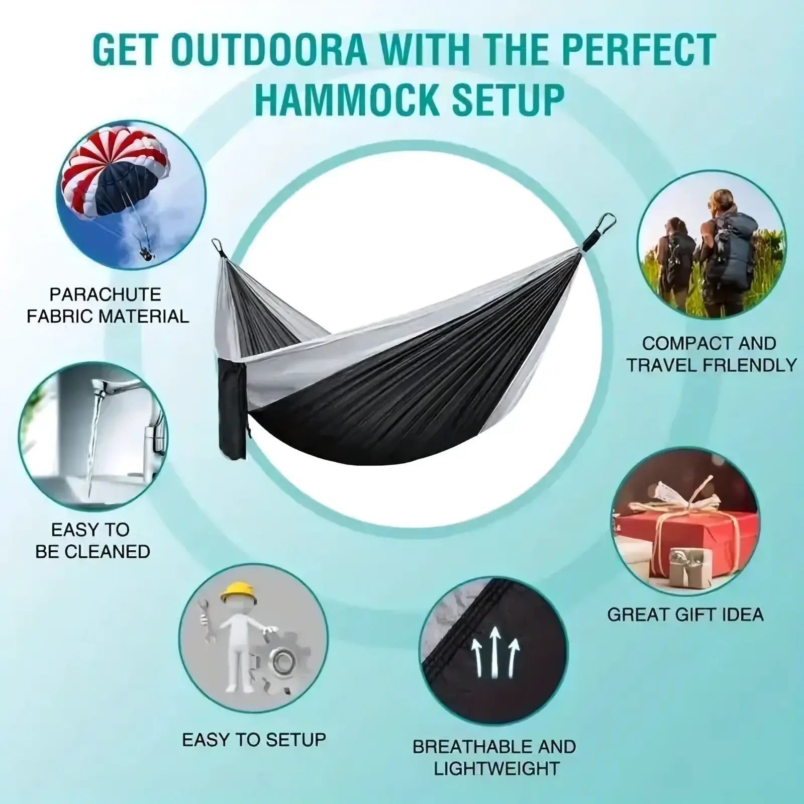Portable double camping hammock made of black and gray parachute fabric with a sleek lightweight design