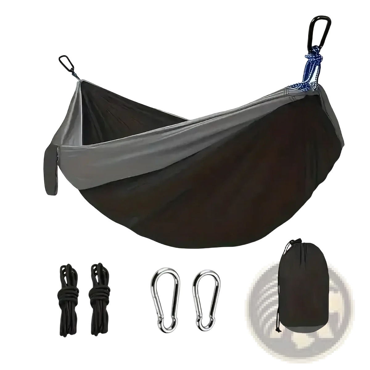 Portable double camping hammock in black and gray nylon with blue rope tie downs for outdoor use
