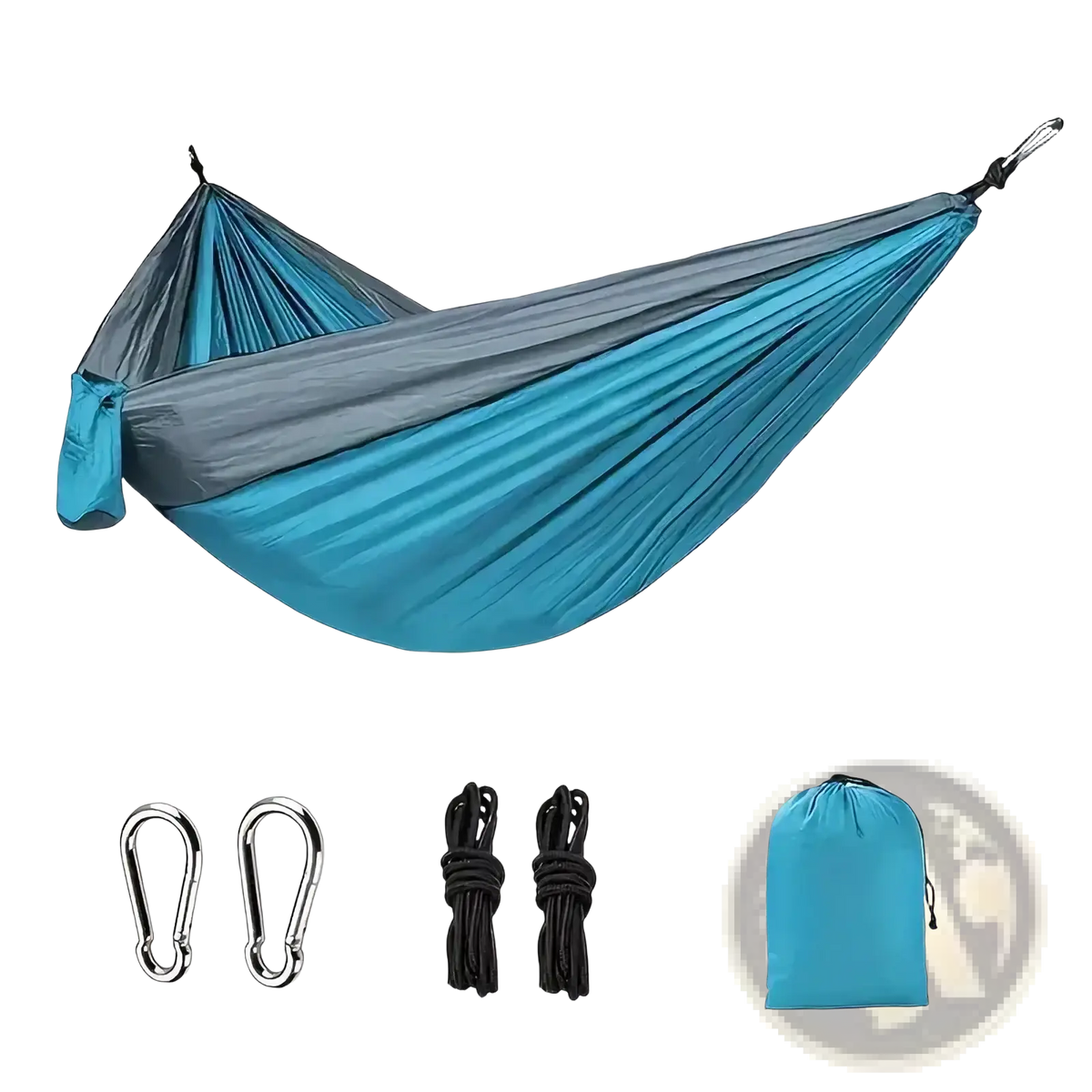 Portable double camping hammock in teal and gray two-tone nylon with attached carabiners ropes and carrying bag