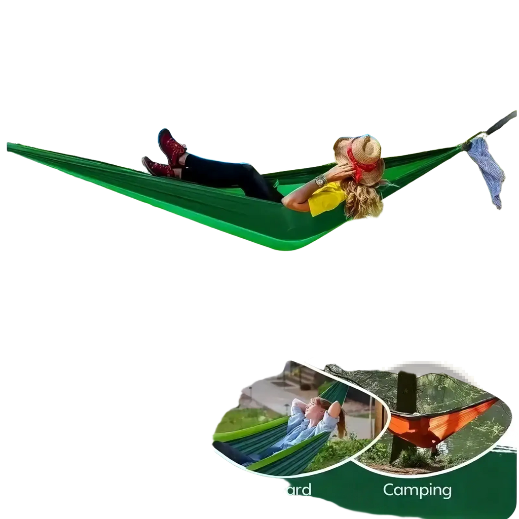 Portable double camping hammock in green with durable fabric weave and sturdy suspension system between trees