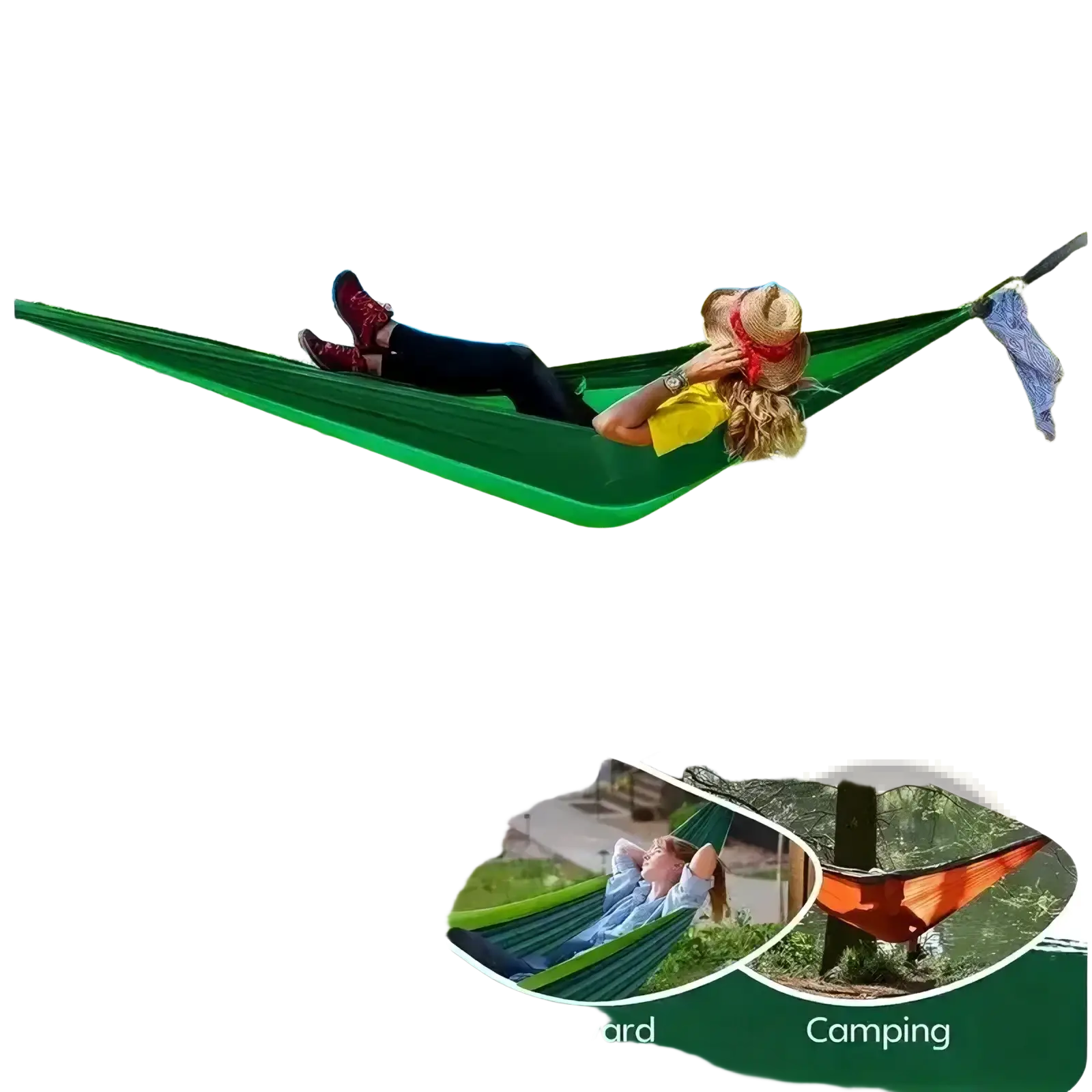 Portable double camping hammock in green with durable fabric weave and sturdy suspension system between trees