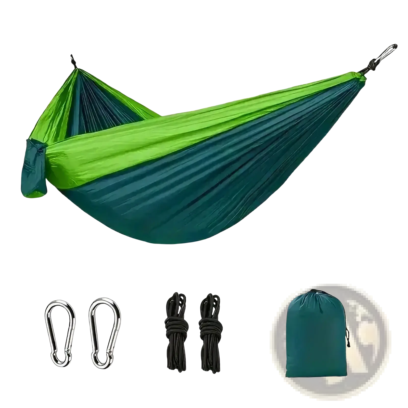 Portable double camping hammock in vibrant green and teal nylon with attached carabiners ropes and carrying bag