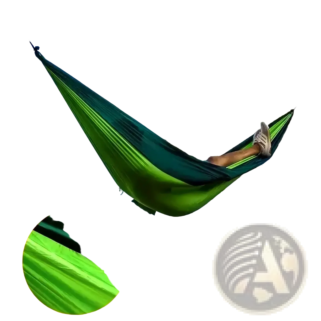 A portable double camping hammock in vibrant green and dark teal with lightweight woven fabric design