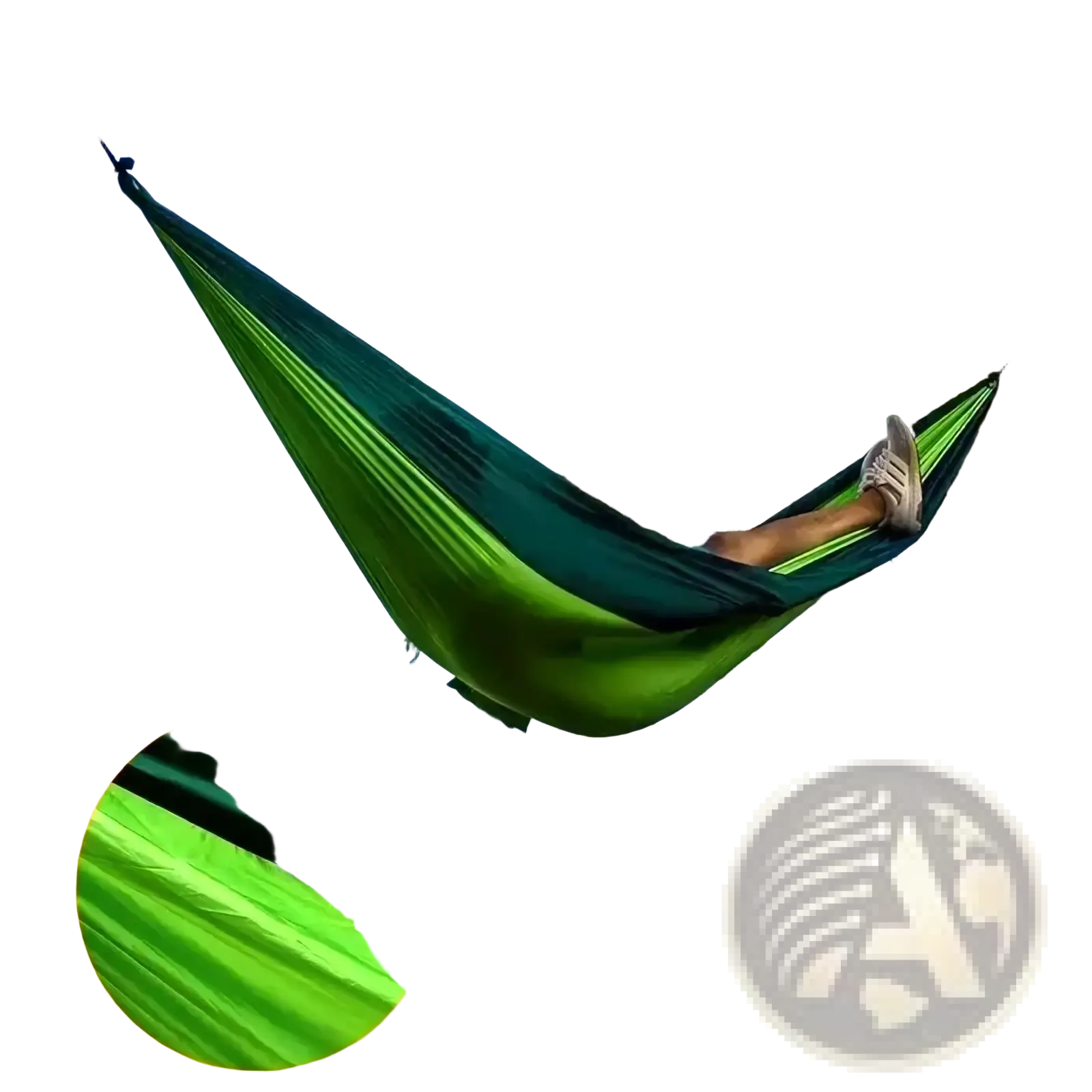 A portable double camping hammock in vibrant green and dark teal with lightweight woven fabric design