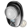 Black and silver portable electric shaver with circular mesh head power button and led display type c charging for men