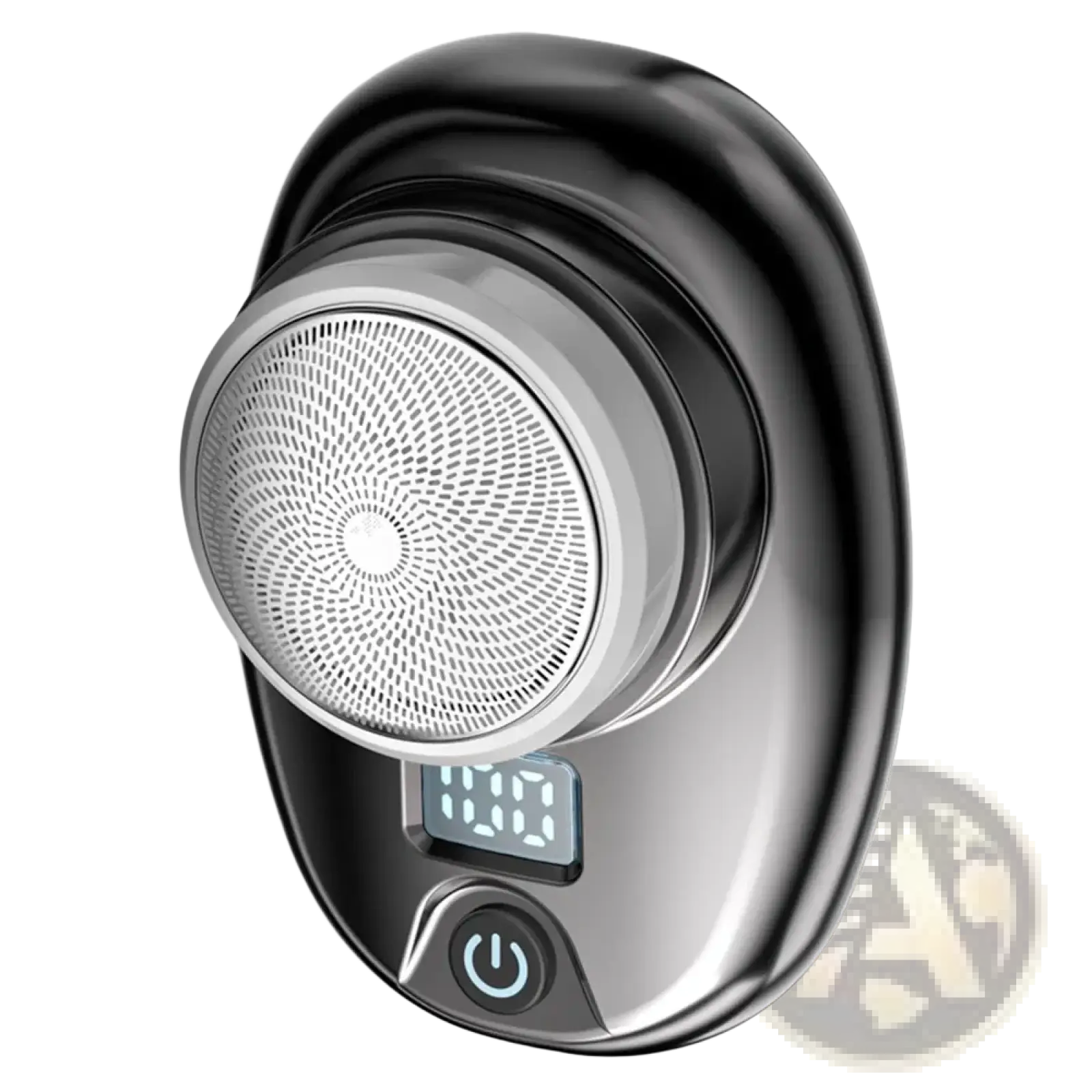 Black and silver portable electric shaver with circular mesh head power button and led display type c charging for men