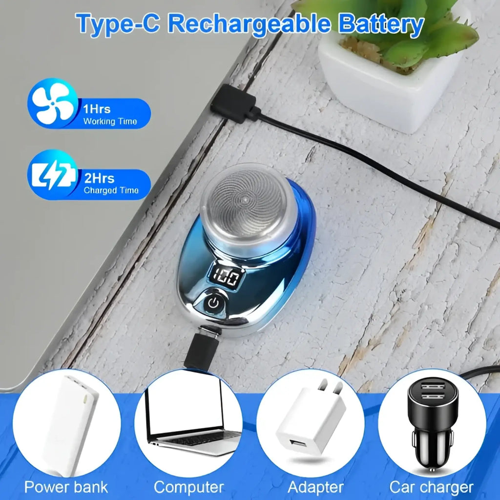 Portable electric shaver for men with blue and silver type-c rechargeable battery and built-in speaker led display